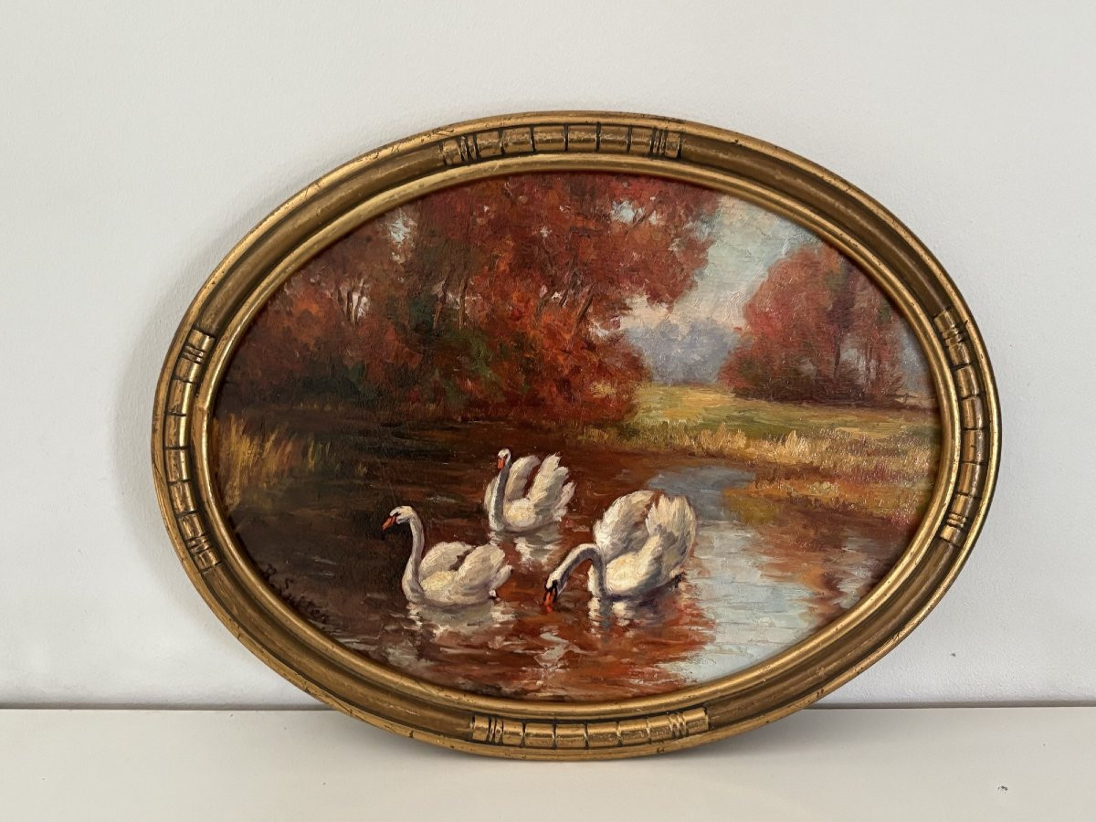 Tableau ancien les cygnes vers 1920 art nouveau huile sur panneau par Rodolphe Lutter-photo-5