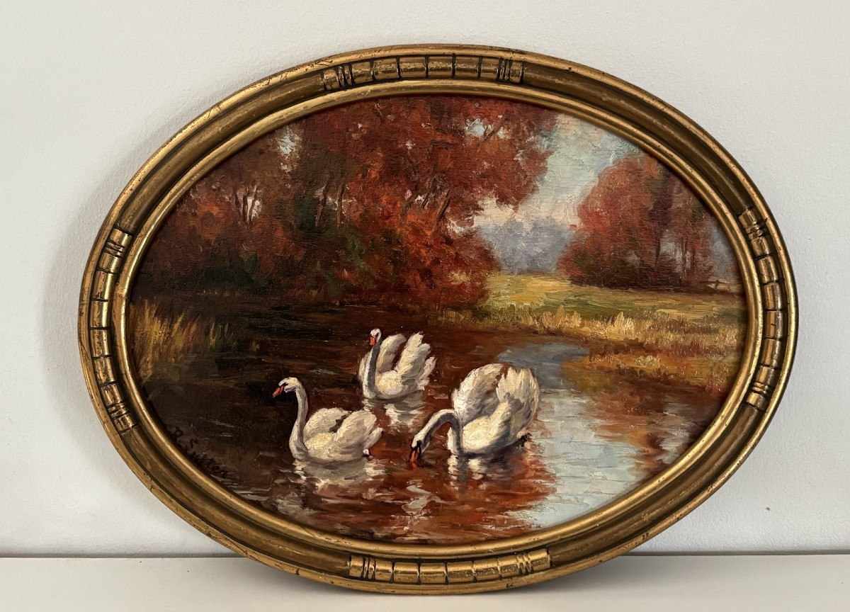 Tableau ancien les cygnes vers 1920 art nouveau huile sur panneau par Rodolphe Lutter