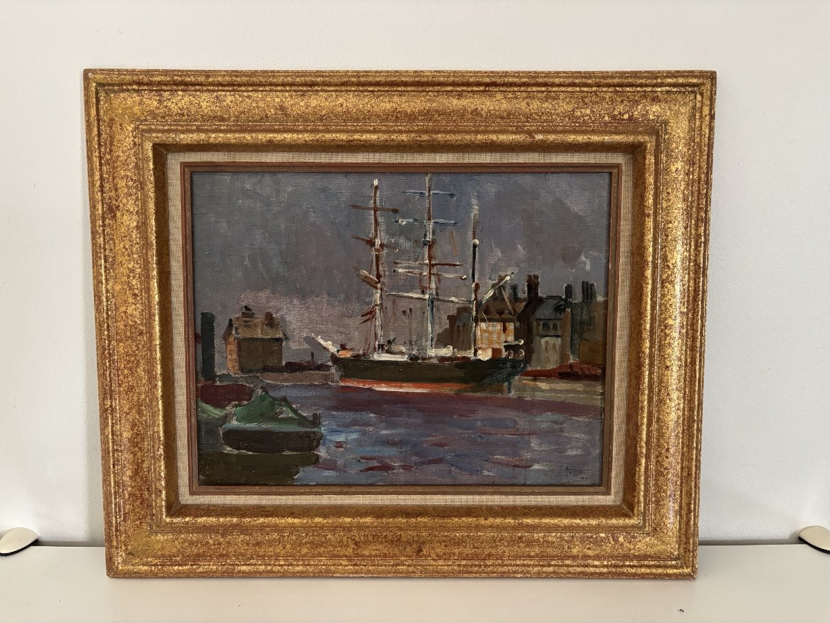 Old Marine Painting Signed Oil On Panel The Sailboat In Port 1925 Signed-photo-1