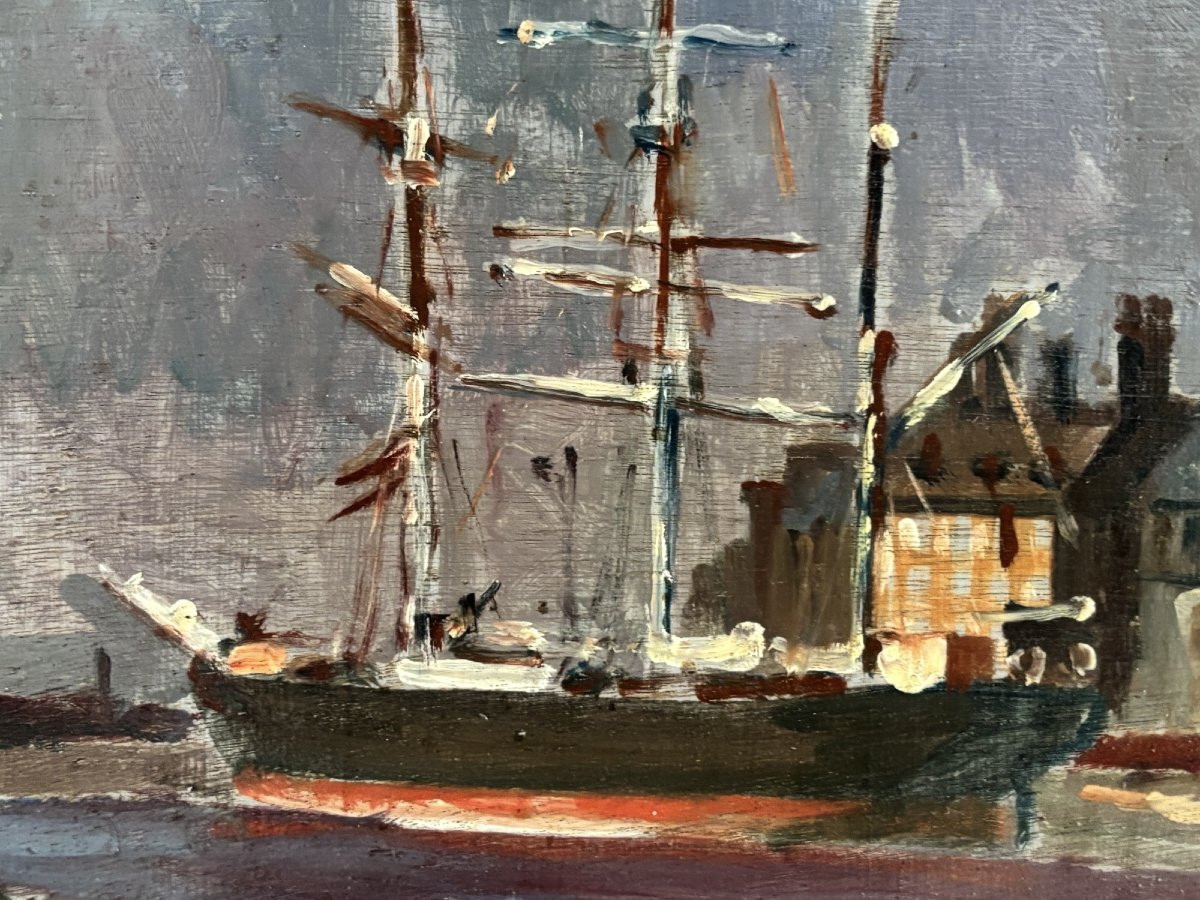 Old Marine Painting Signed Oil On Panel The Sailboat In Port 1925 Signed-photo-6