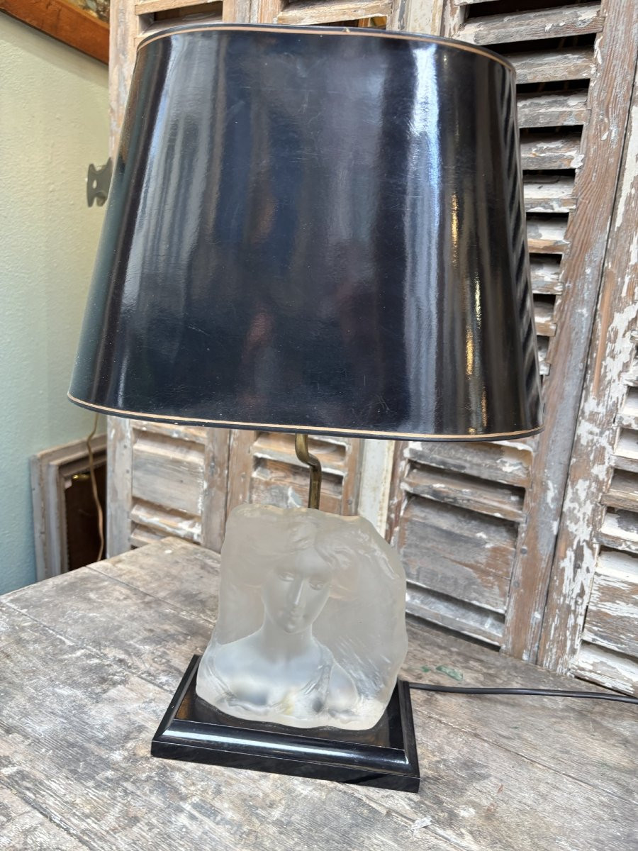 Ancienne et jolie lampe Le dauphin vintage 1970 à la jeune femme buste verre -photo-2