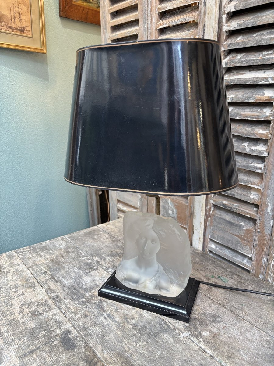 Ancienne et jolie lampe Le dauphin vintage 1970 à la jeune femme buste verre -photo-1