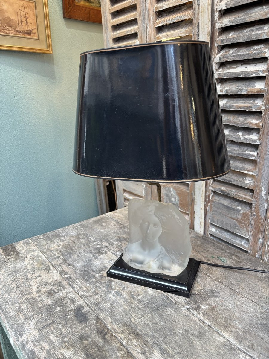 Ancienne et jolie lampe Le dauphin vintage 1970 à la jeune femme buste verre -photo-2