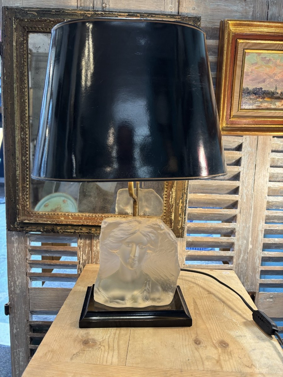 Ancienne et jolie lampe Le dauphin vintage 1970 à la jeune femme buste verre -photo-6