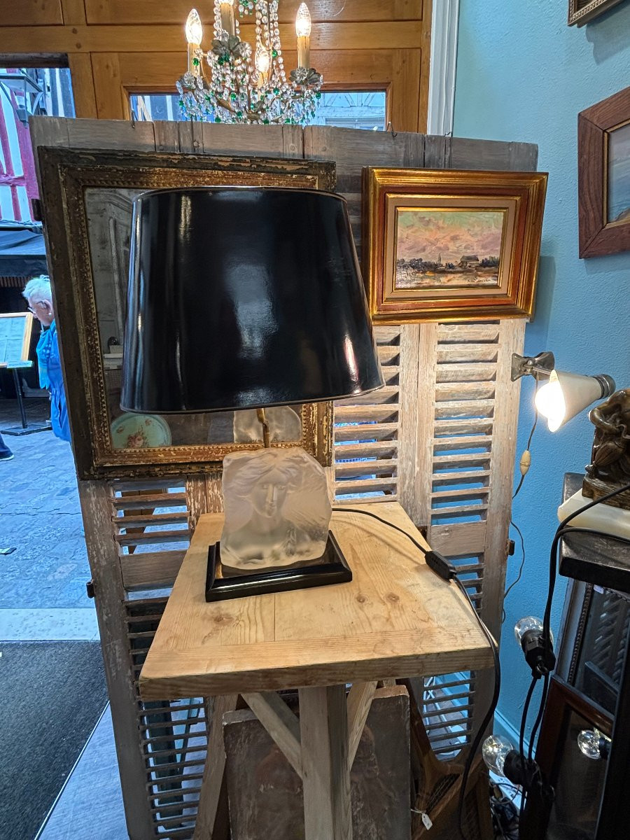 Ancienne et jolie lampe Le dauphin vintage 1970 à la jeune femme buste verre -photo-8