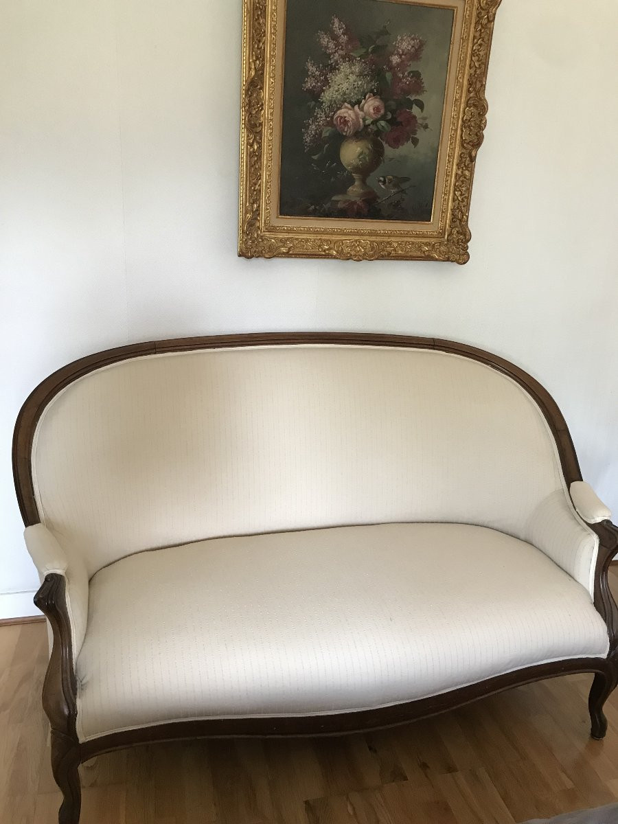 Antique Walnut Bench From The 19th Century, Restored And Reupholstered, Living Room Sofa-photo-2