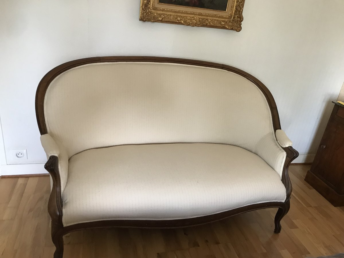 Antique Walnut Bench From The 19th Century, Restored And Reupholstered, Living Room Sofa-photo-2