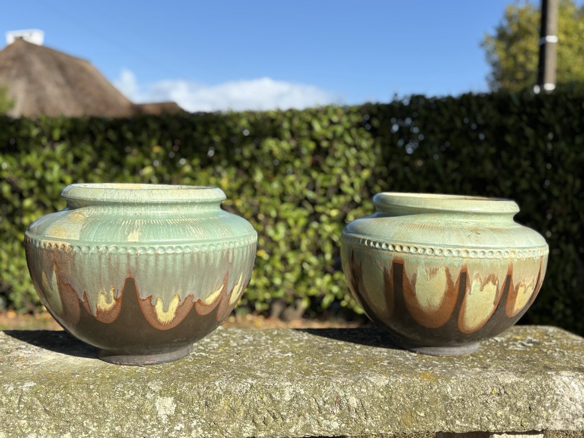 Antique And Large Pair Of Enamelled Stoneware Pots Art Deco Turnau Paris Potiche Cache Pot Vase-photo-2