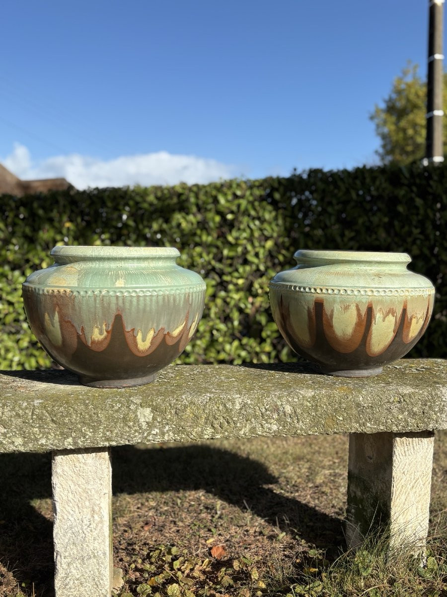 Antique And Large Pair Of Enamelled Stoneware Pots Art Deco Turnau Paris Potiche Cache Pot Vase-photo-3