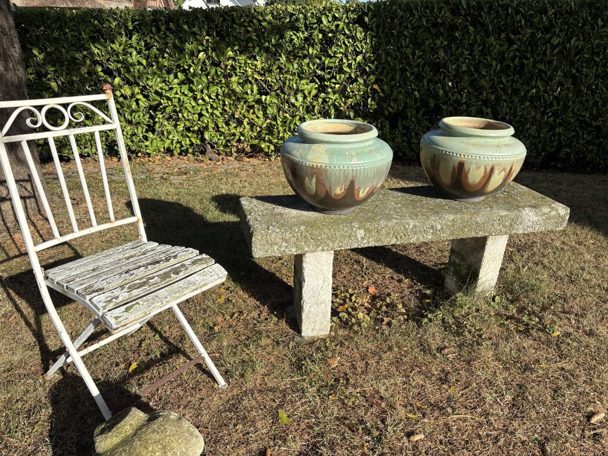 Antique And Large Pair Of Enamelled Stoneware Pots Art Deco Turnau Paris Potiche Cache Pot Vase-photo-4