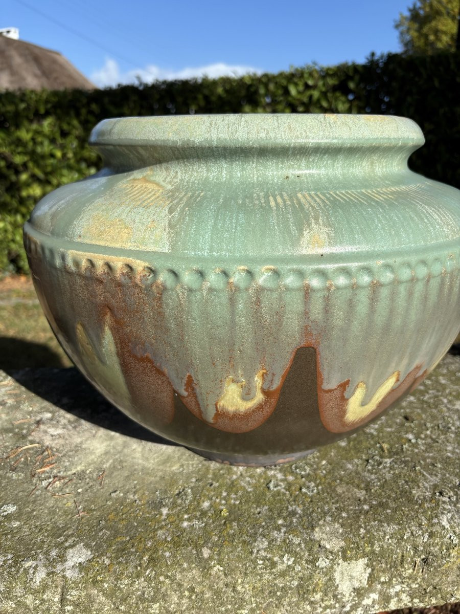 Antique And Large Pair Of Enamelled Stoneware Pots Art Deco Turnau Paris Potiche Cache Pot Vase-photo-2