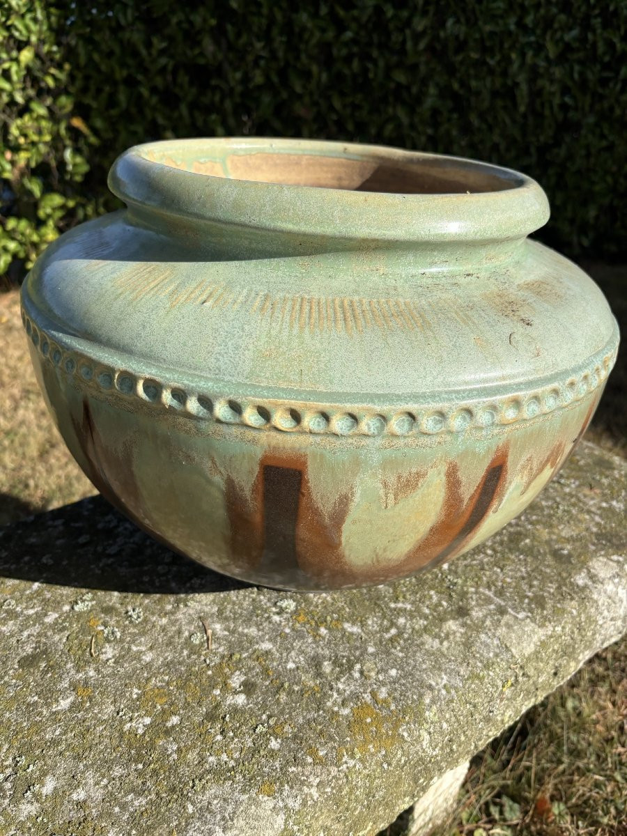Antique And Large Pair Of Enamelled Stoneware Pots Art Deco Turnau Paris Potiche Cache Pot Vase-photo-3