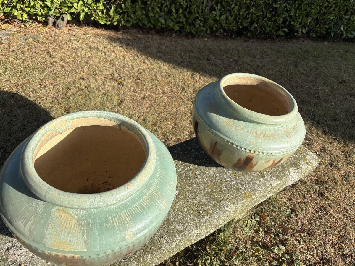 Antique And Large Pair Of Enamelled Stoneware Pots Art Deco Turnau Paris Potiche Cache Pot Vase-photo-5