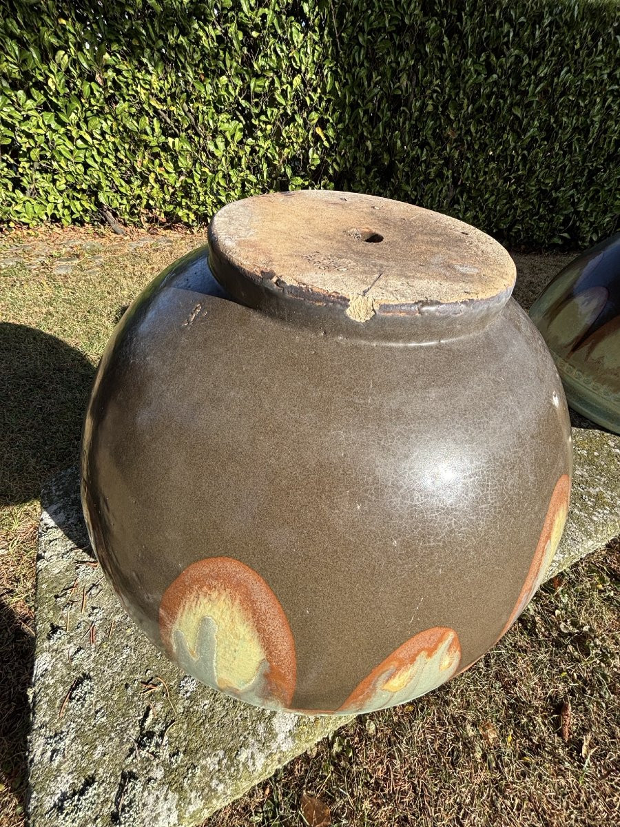 Antique And Large Pair Of Enamelled Stoneware Pots Art Deco Turnau Paris Potiche Cache Pot Vase-photo-7