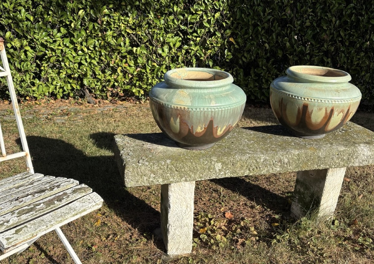 Antique And Large Pair Of Enamelled Stoneware Pots Art Deco Turnau Paris Potiche Cache Pot Vase