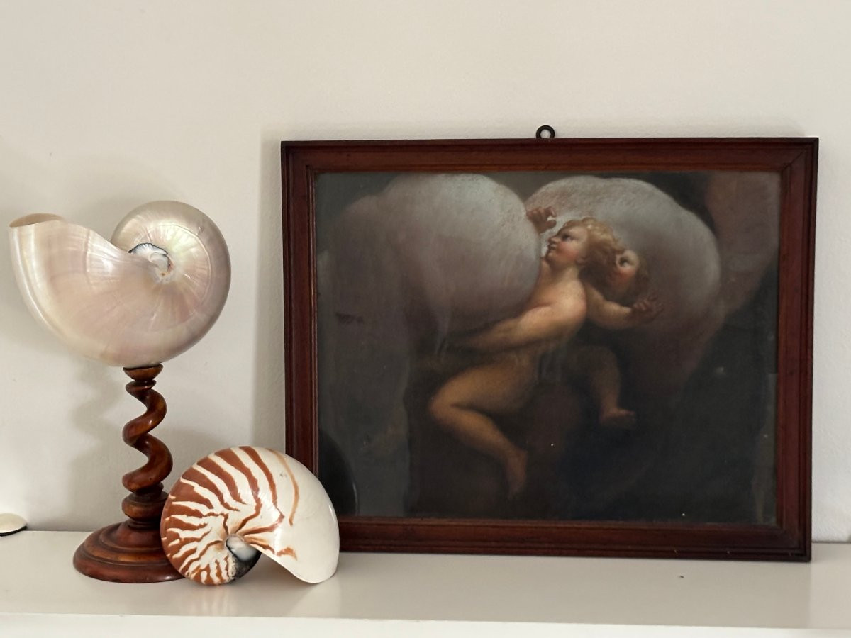 Ancien tableau au pastel du XVIII eme siècle putti portant les nuages rococo 18 eme ange putto-photo-2