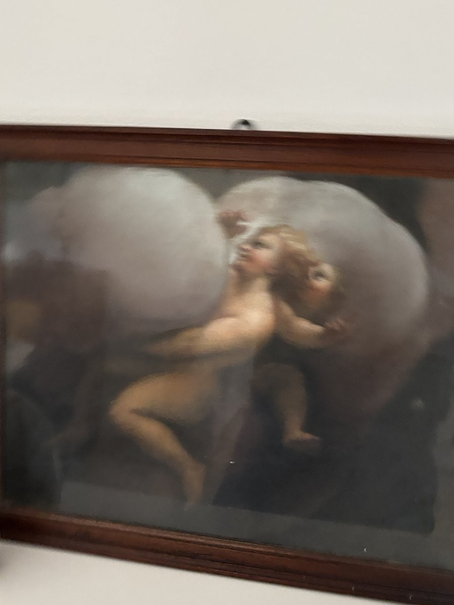 Ancien tableau au pastel du XVIII eme siècle putti portant les nuages rococo 18 eme ange putto-photo-2