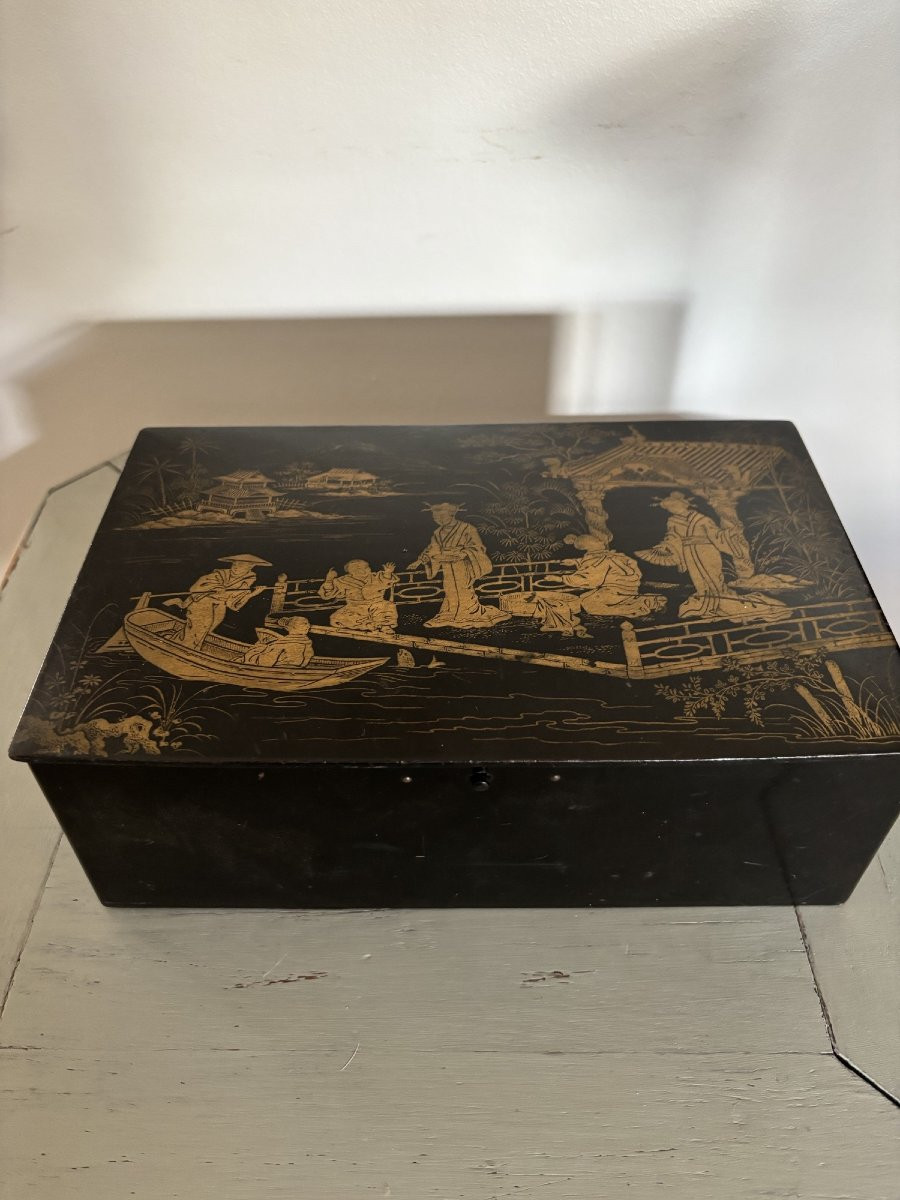 Ancienne boite carton bouilli Napoleon III décor japonisant XIX eme siécle coffret -photo-4