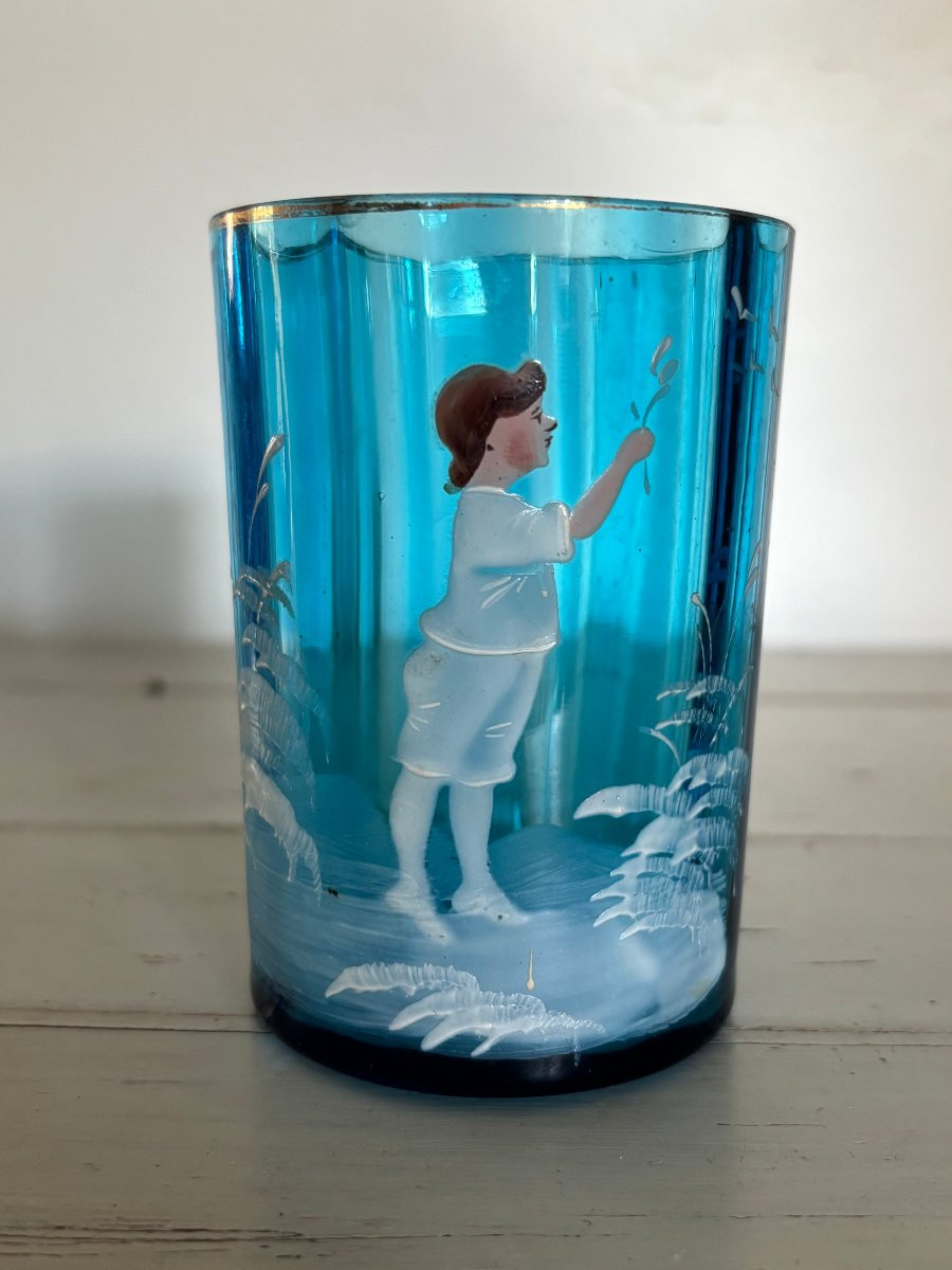 Antique Mary Gregory Enamelled Glass, 19th Century, Blue And White-photo-2
