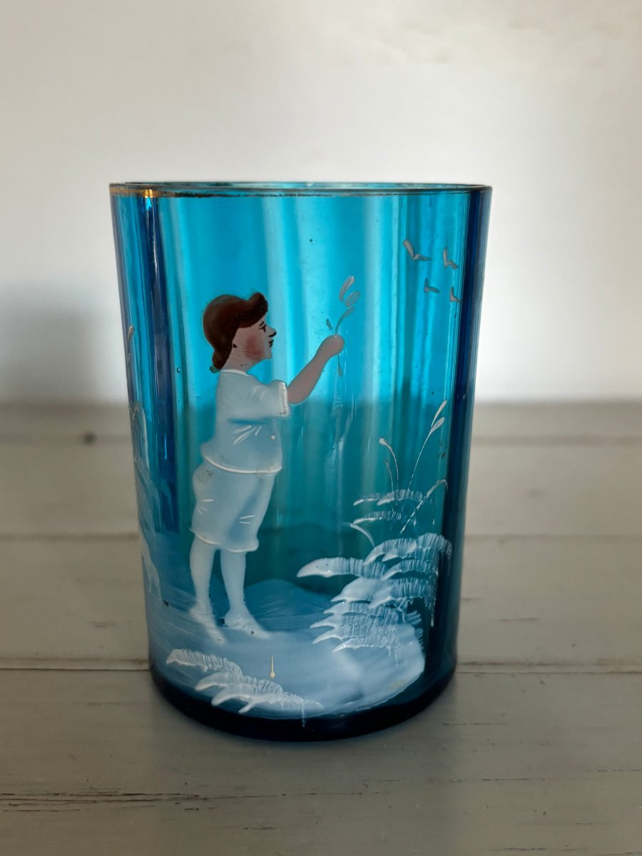 Antique Mary Gregory Enamelled Glass, 19th Century, Blue And White-photo-7