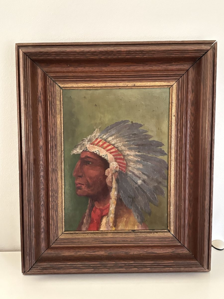 Old Oil Painting On Panel Hsp An Indian Chief Ep 19th Century Rare Conquest Of The West-photo-4