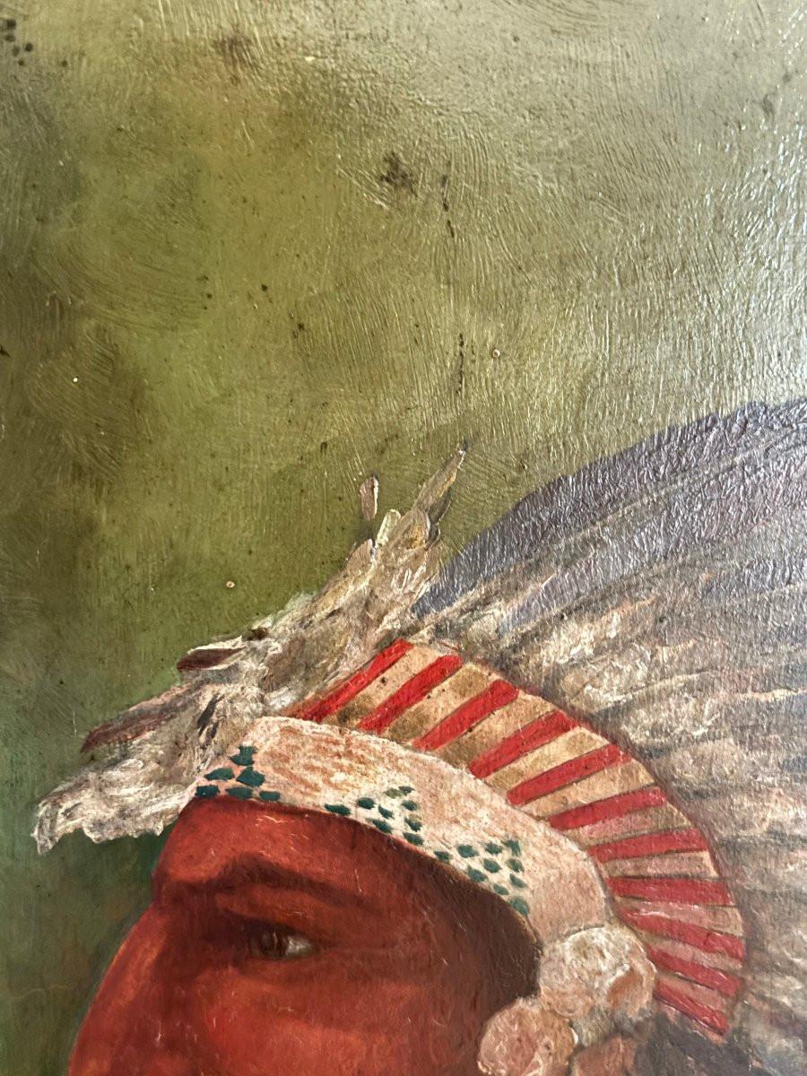 Old Oil Painting On Panel Hsp An Indian Chief Ep 19th Century Rare Conquest Of The West-photo-5