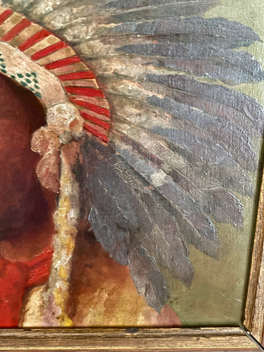 Old Oil Painting On Panel Hsp An Indian Chief Ep 19th Century Rare Conquest Of The West-photo-6