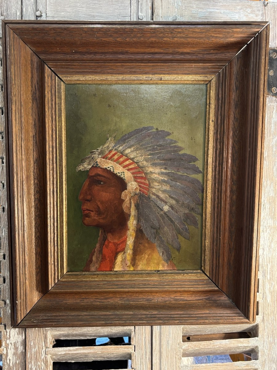 Old Oil Painting On Panel Hsp An Indian Chief Ep 19th Century Rare Conquest Of The West