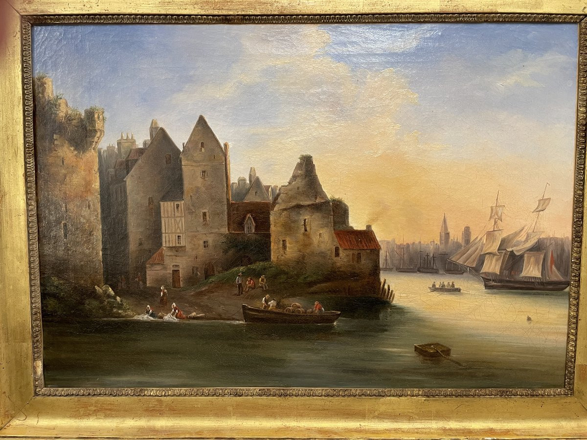 Ancien Tableau Huile Sur Toile Marine Et Lavandières, Début Du XIX ème Siècle Rouen -photo-2