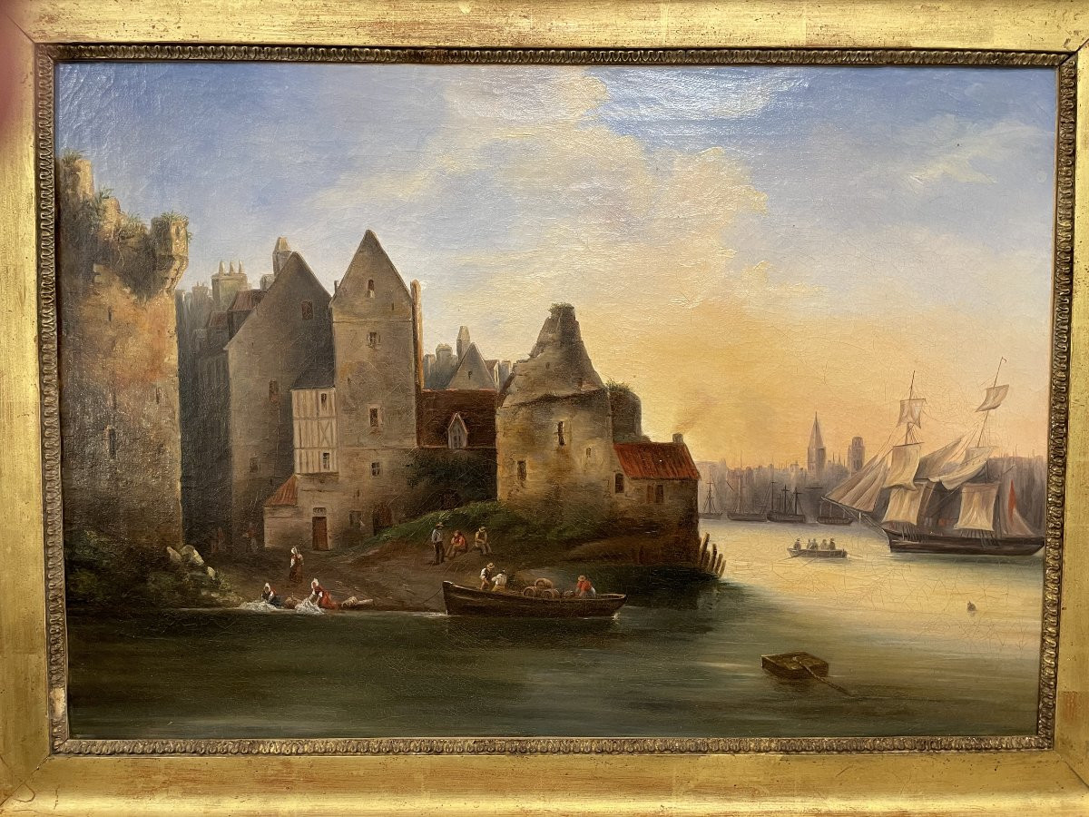 Ancien Tableau Huile Sur Toile Marine Et Lavandières, Début Du XIX ème Siècle Rouen -photo-3