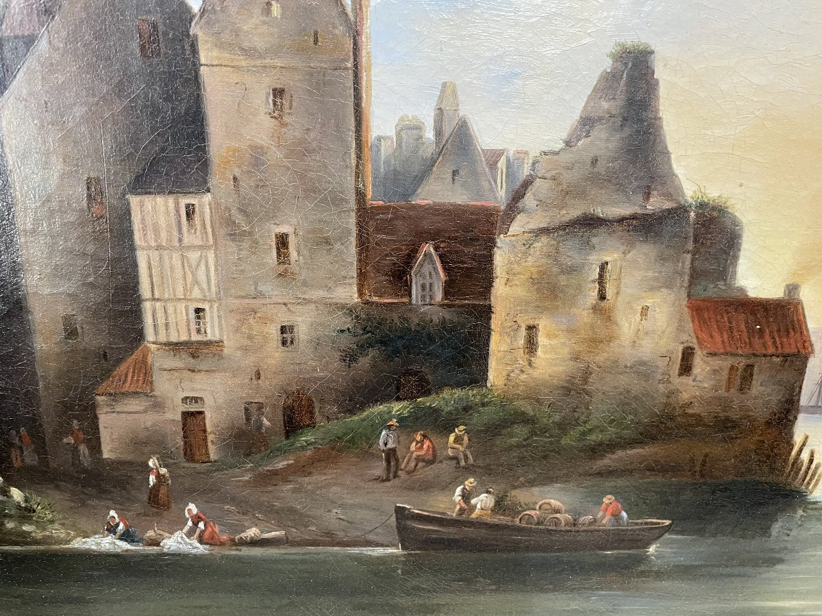 Ancien Tableau Huile Sur Toile Marine Et Lavandières, Début Du XIX ème Siècle Rouen -photo-3