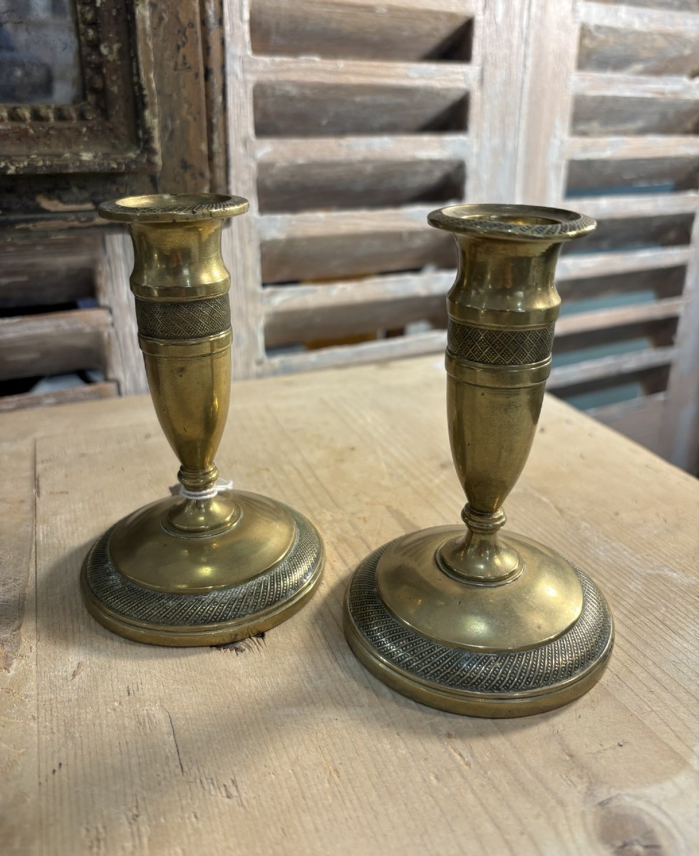 Pair Of Small Bronze Toilet Candlesticks, Directoire/empire Style, Early 19th Century