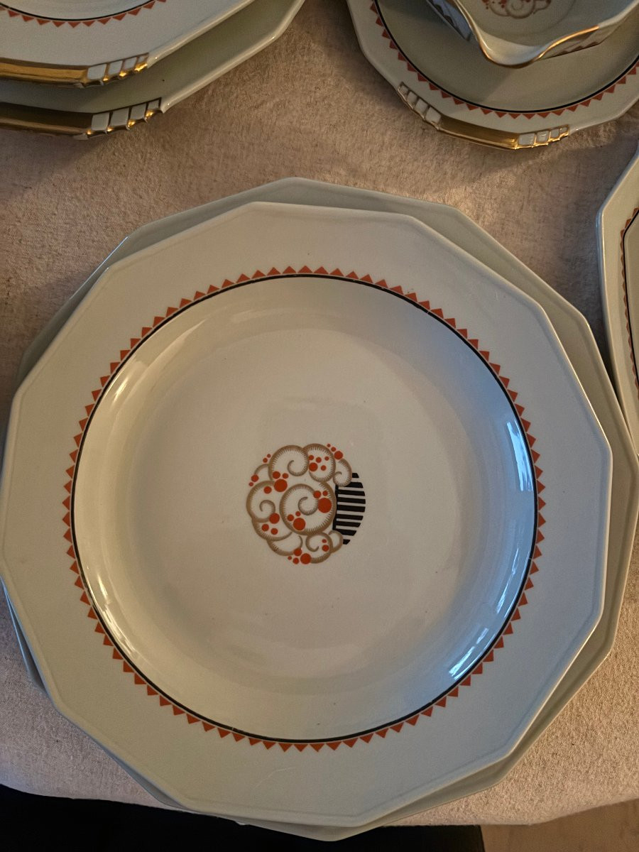 Antique Large Dinner Service By B&c Limoges And Feuillette Art Deco Porcelain, 69 Pieces -photo-4