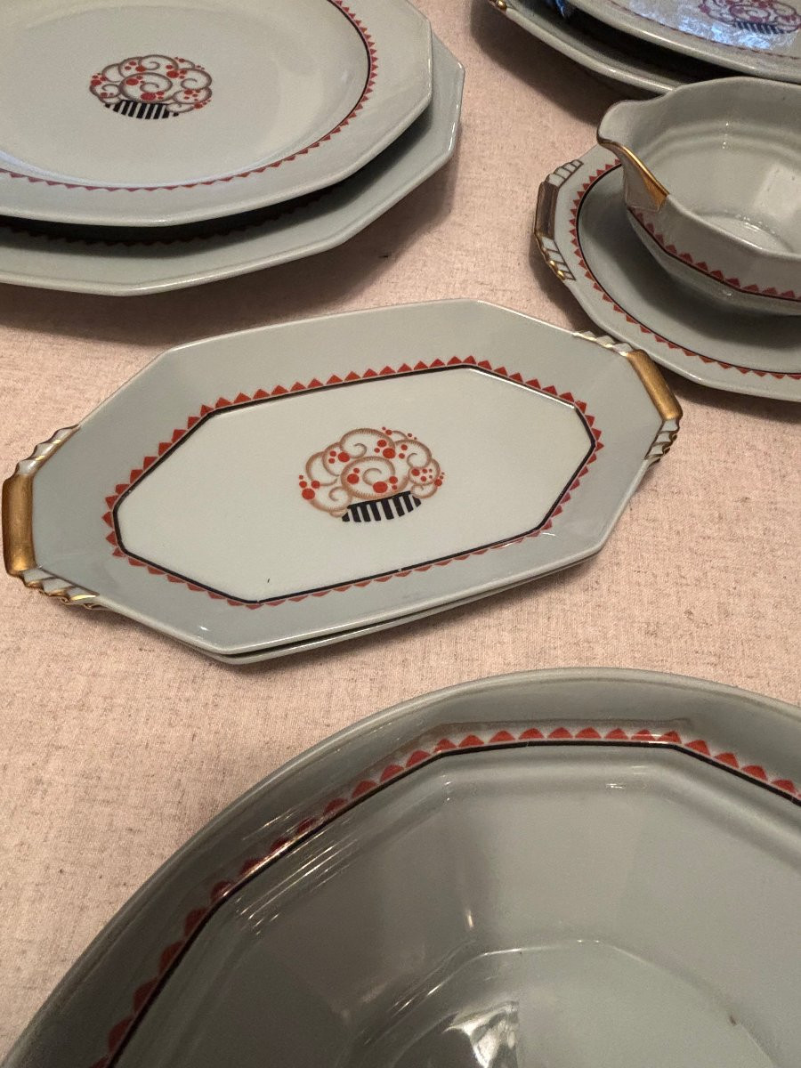 Antique Large Dinner Service By B&c Limoges And Feuillette Art Deco Porcelain, 69 Pieces -photo-6