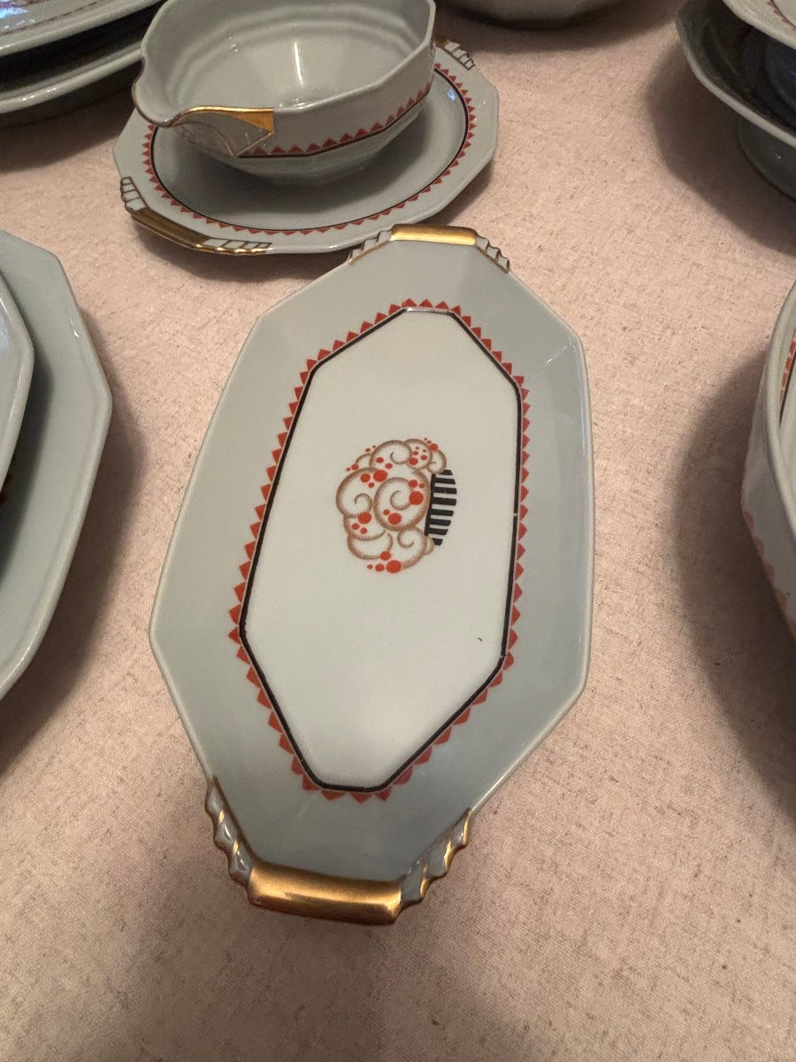 Antique Large Dinner Service By B&c Limoges And Feuillette Art Deco Porcelain, 69 Pieces -photo-7