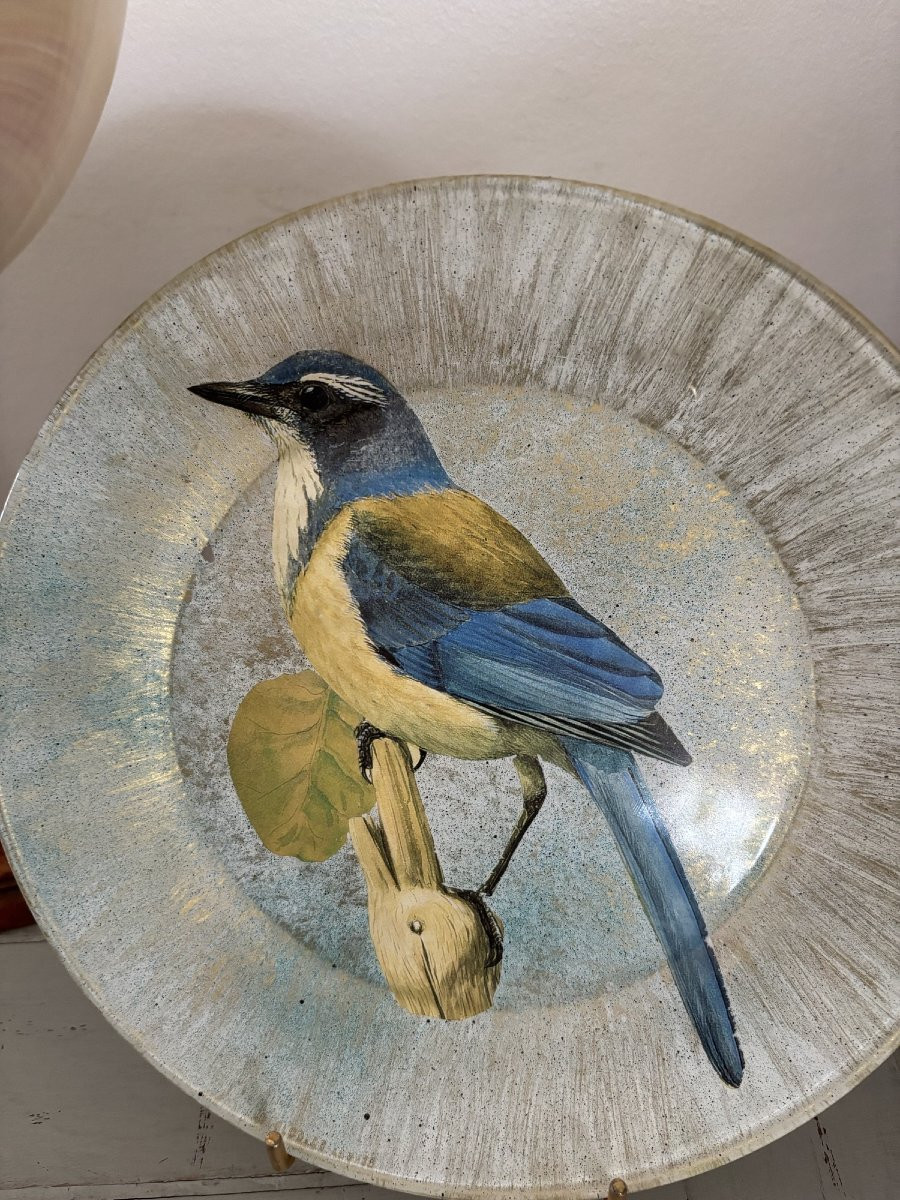  originale assiette en découpage fixé sous verre à motif d'oiseaux 2-photo-3