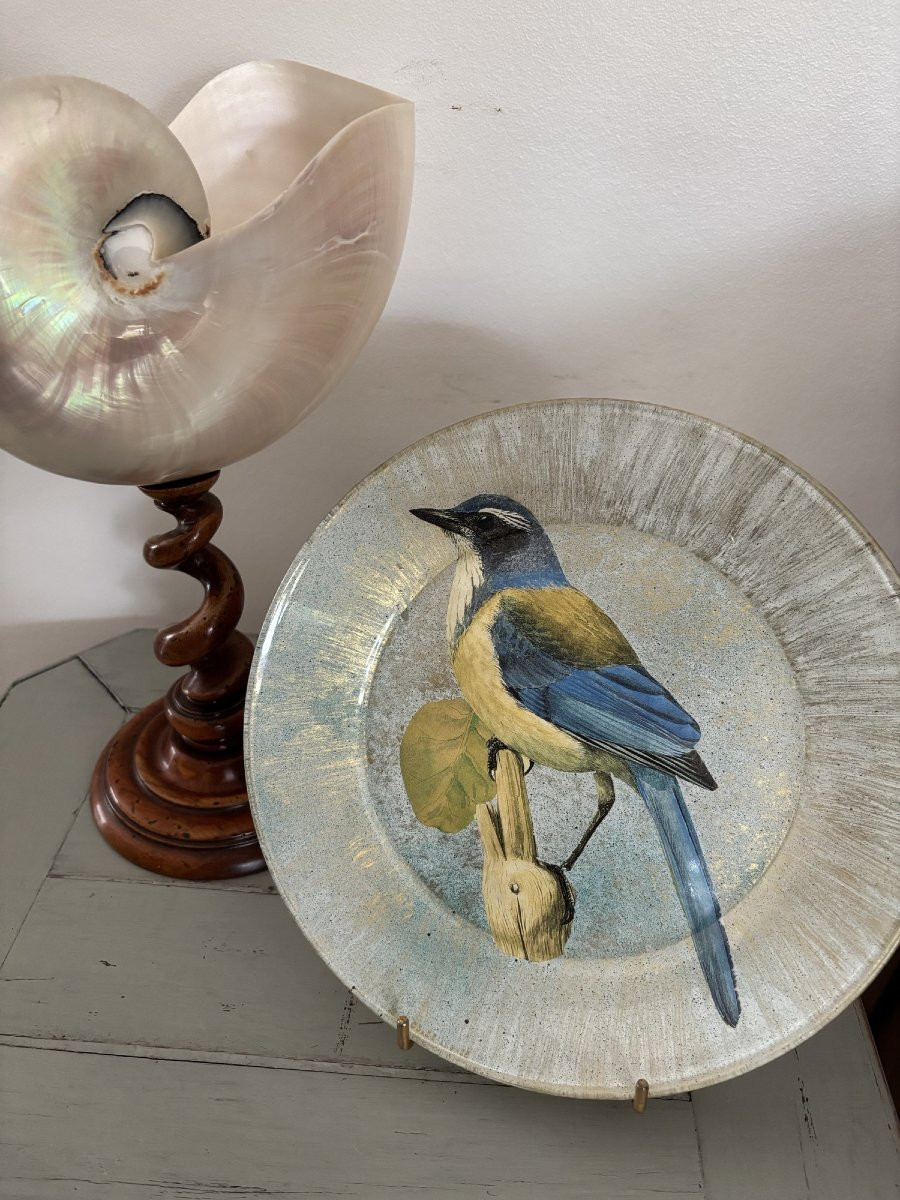  originale assiette en découpage fixé sous verre à motif d'oiseaux 2-photo-1