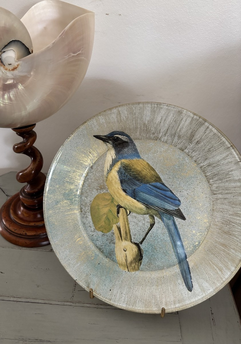  originale assiette en découpage fixé sous verre à motif d'oiseaux 2