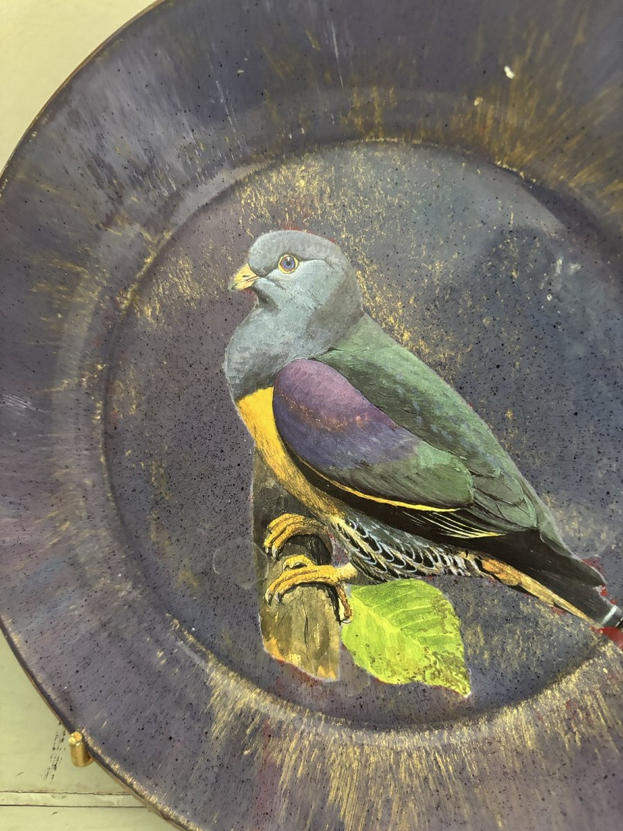 Original Cut-out Plate Set Under Glass With A Bird Motif 4-photo-3
