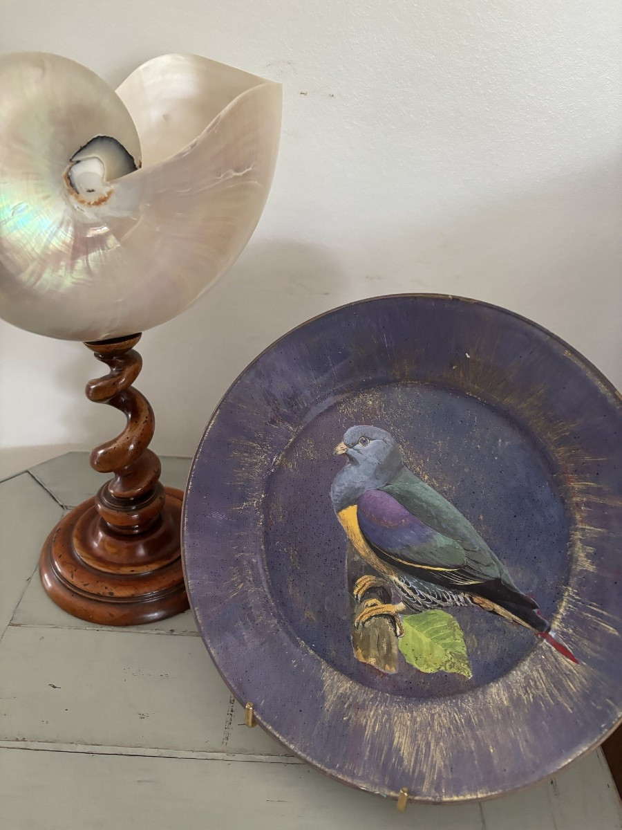 Original Cut-out Plate Set Under Glass With A Bird Motif 4