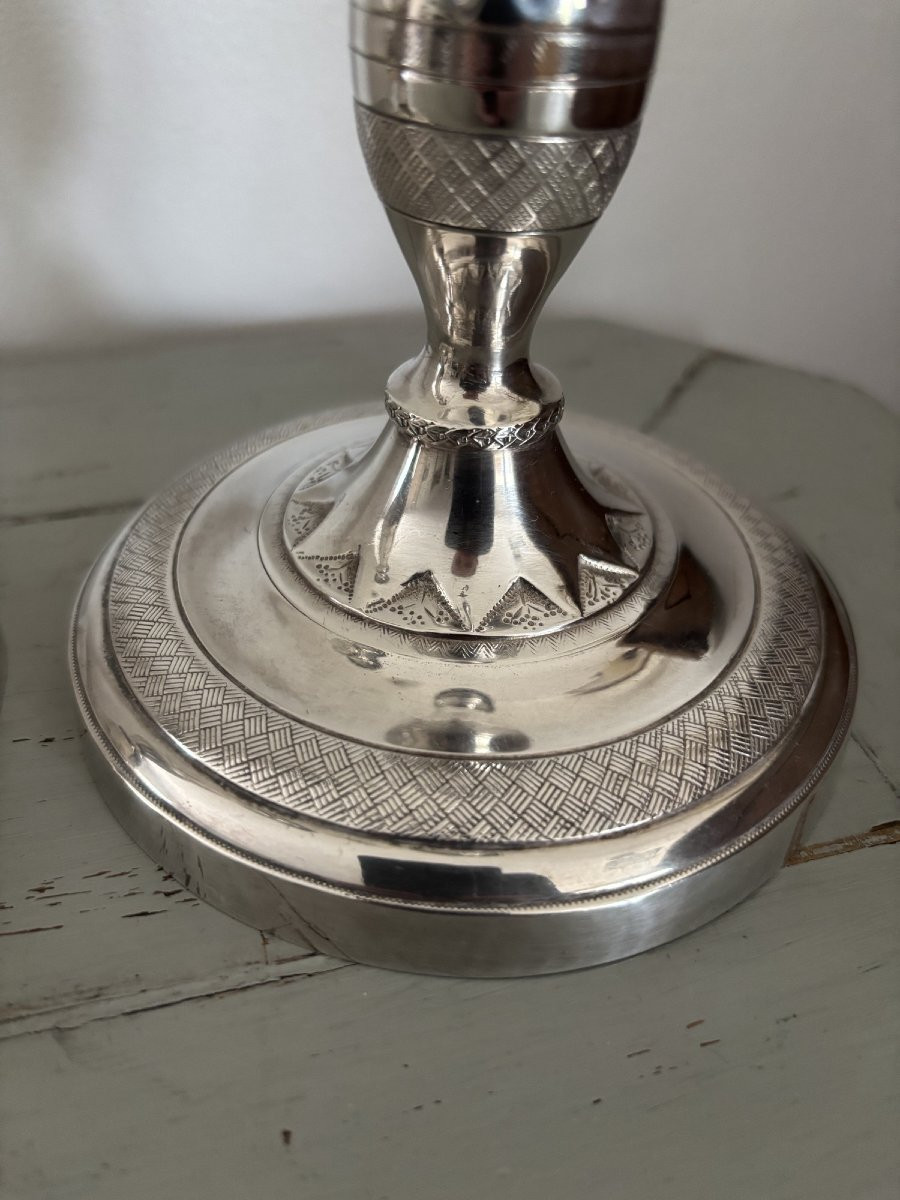 Antique Pair Of Silvered Bronze Candlesticks, Empire/directoire Period, 19th Century-photo-4