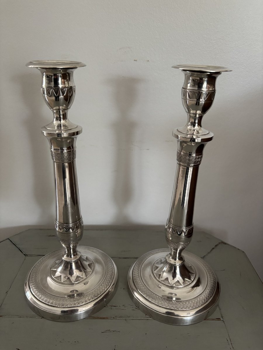 Antique Pair Of Silvered Bronze Candlesticks, Empire/directoire Period, 19th Century-photo-2