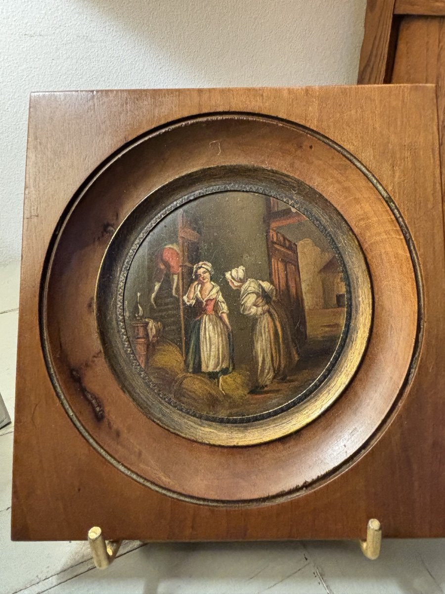 Antique Small Miniature Painted In Oil On Copper, Early 19th Century, Painting "the Surprise"-photo-2