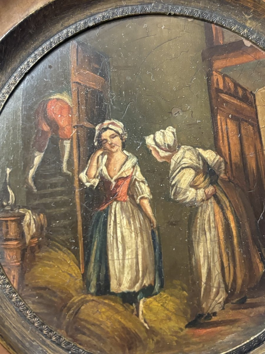 Antique Small Miniature Painted In Oil On Copper, Early 19th Century, Painting "the Surprise"-photo-4