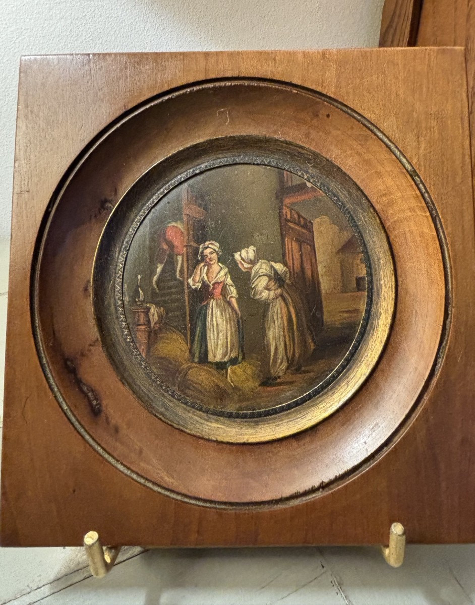 Antique Small Miniature Painted In Oil On Copper, Early 19th Century, Painting "the Surprise"