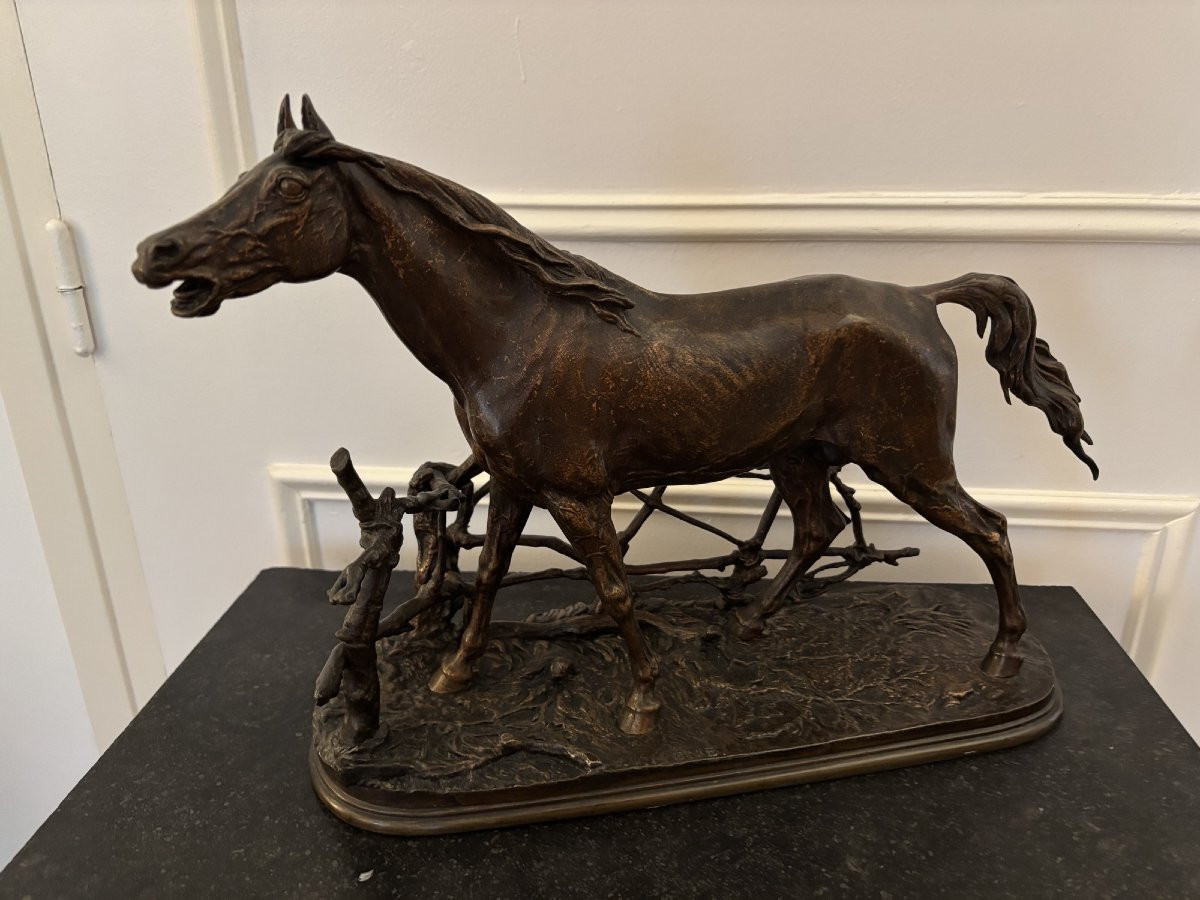 Antique Bronze Animal Sculpture: Horse At The Djinn Barrier By Pierre-jules Mêne, 19th Century -photo-4