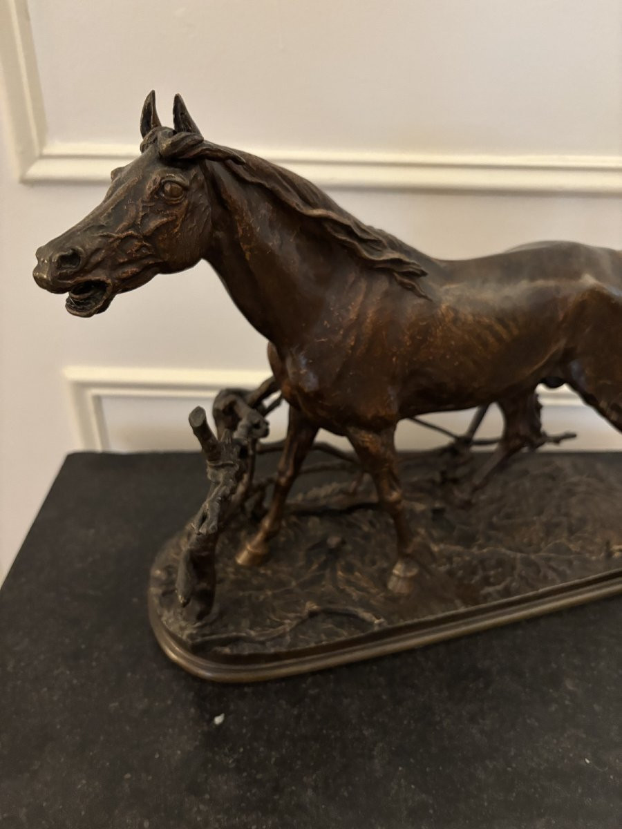 Antique Bronze Animal Sculpture: Horse At The Djinn Barrier By Pierre-jules Mêne, 19th Century -photo-2