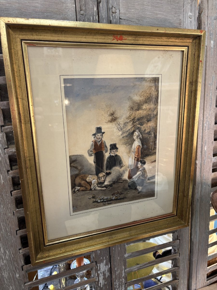 Ancien tableau , Ancienne gouache vers 1850 les enfants autour du feu epoque XIX eme-photo-2