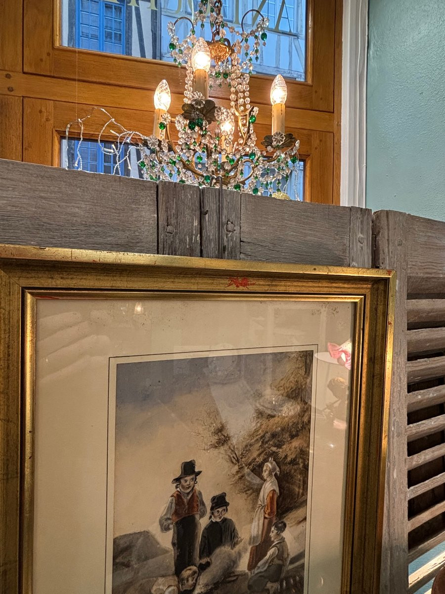 Ancien tableau , Ancienne gouache vers 1850 les enfants autour du feu epoque XIX eme-photo-4