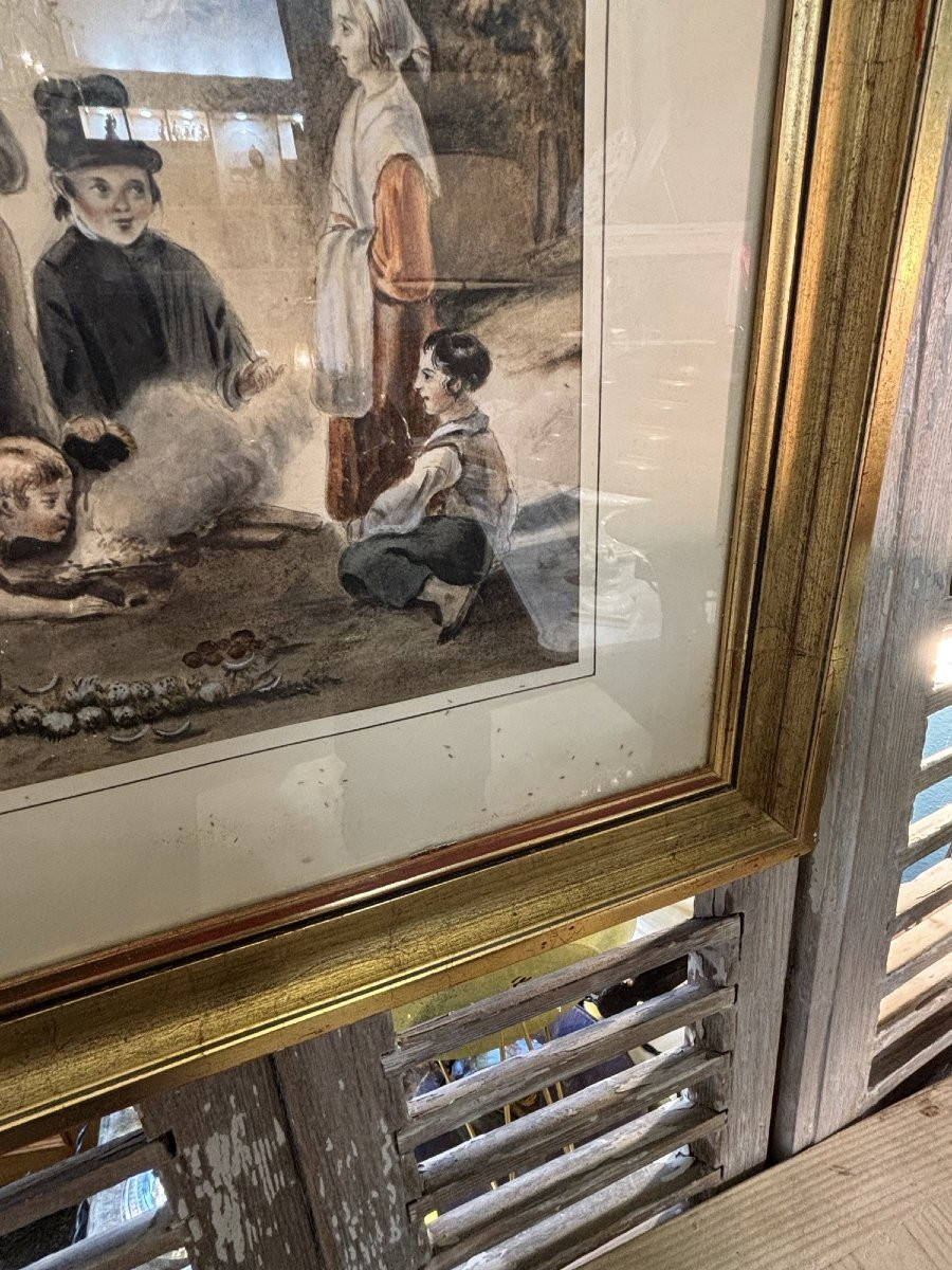 Ancien tableau , Ancienne gouache vers 1850 les enfants autour du feu epoque XIX eme-photo-2